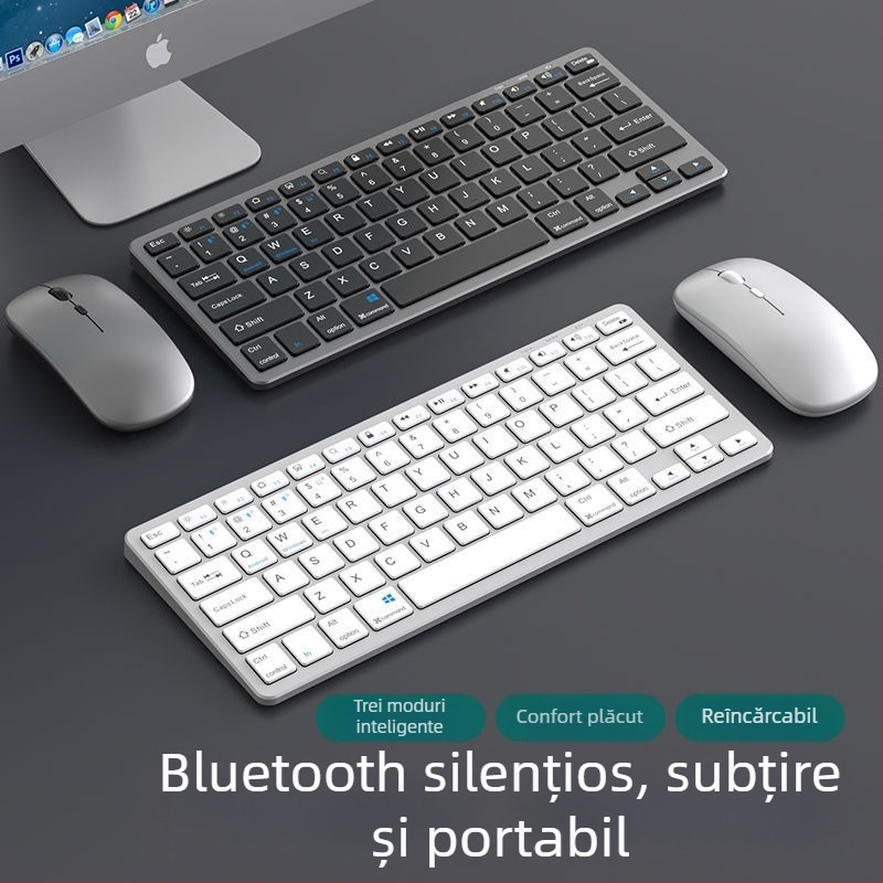 Set tastatură și mouse Bluetooth, fără fir, reîncărcabil, silențios, pentru notebook și tabletă, conectivitate USB/2.4G/Bluetooth, mouse optic