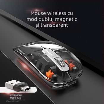 Mouse Bluetooth fără fir cu încărcare USB-C, mod dual 2.4G + Bluetooth, 5 butoane, baterie 400mAh, DPI 800–1600