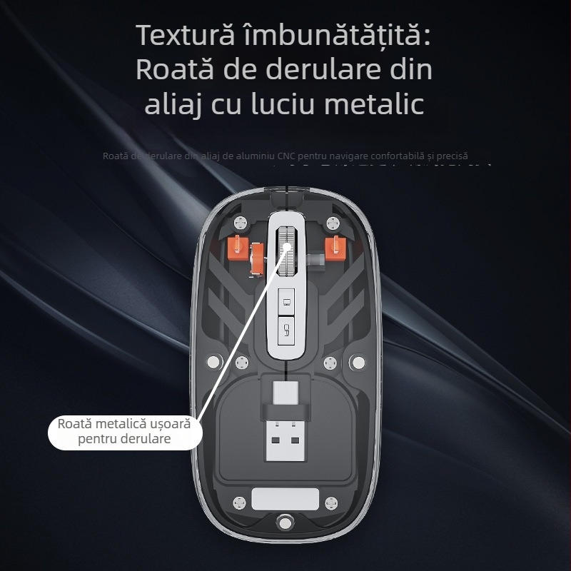 Mouse Bluetooth fără fir cu încărcare USB-C, mod dual 2.4G + Bluetooth, 5 butoane, baterie 400mAh, DPI 800–1600