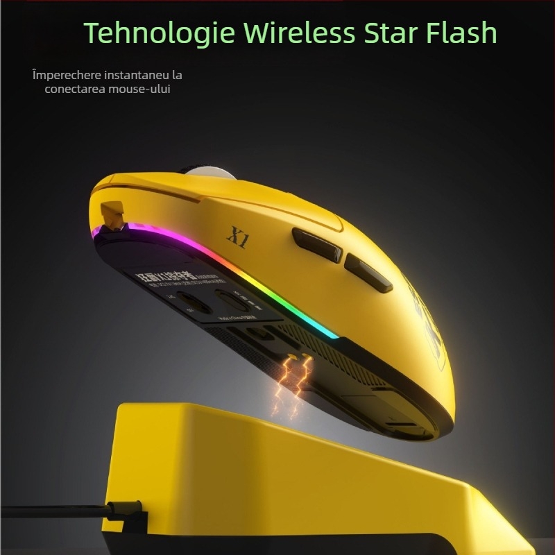 Mouse de gaming cu stație de încărcare wireless, macro RGB programare, model X1 Predator, 1200 dpi, 6 niveluri DPI, 5 taste, rază de acțiune 1,8 m