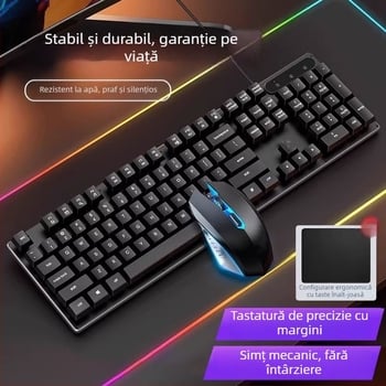 Kit tastatură și mouse cablat cu senzație mecanică, iluminare de fundal, funcționare silențioasă, pentru desktop și laptop – birou și gaming Esports