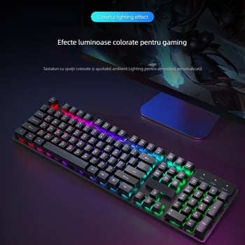 Kit tastatură și mouse cablat cu senzație mecanică, iluminare de fundal, funcționare silențioasă, pentru desktop și laptop – birou și gaming Esports