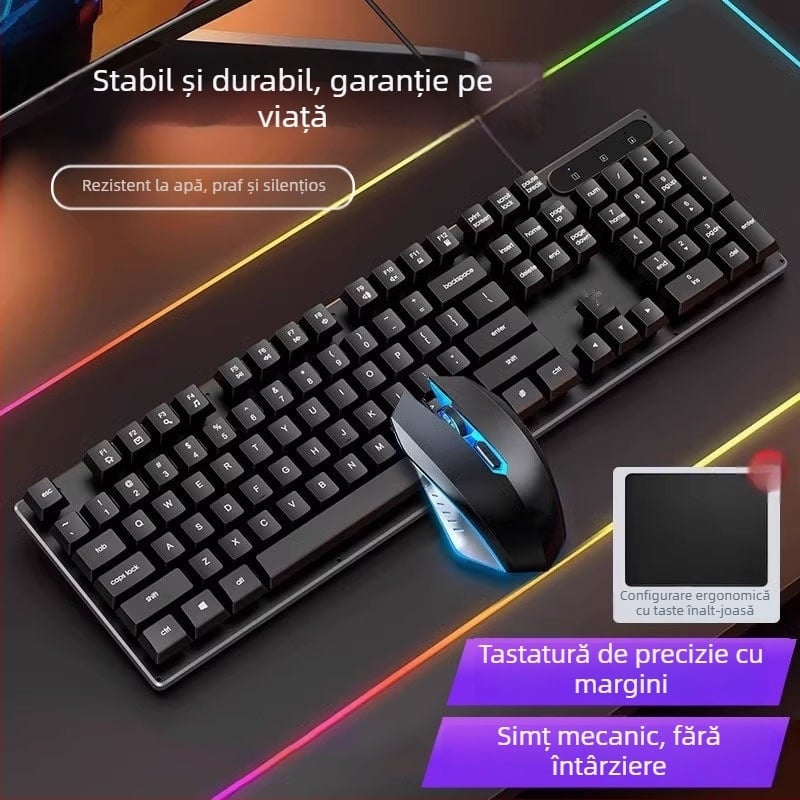 Kit tastatură și mouse cablat cu senzație mecanică, iluminare de fundal, funcționare silențioasă, pentru desktop și laptop – birou și gaming Esports