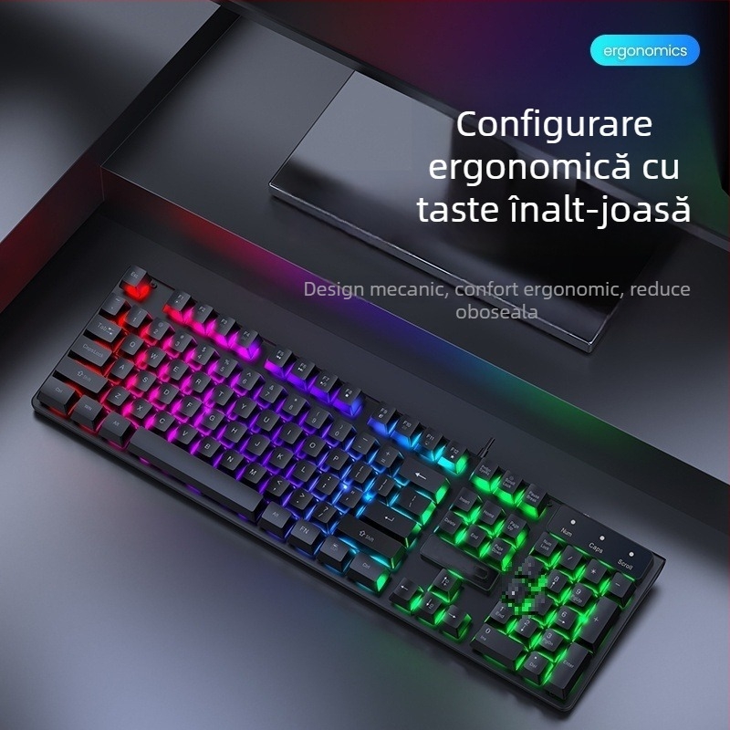 Kit tastatură și mouse cablat cu senzație mecanică, iluminare de fundal, funcționare silențioasă, pentru desktop și laptop – birou și gaming Esports
