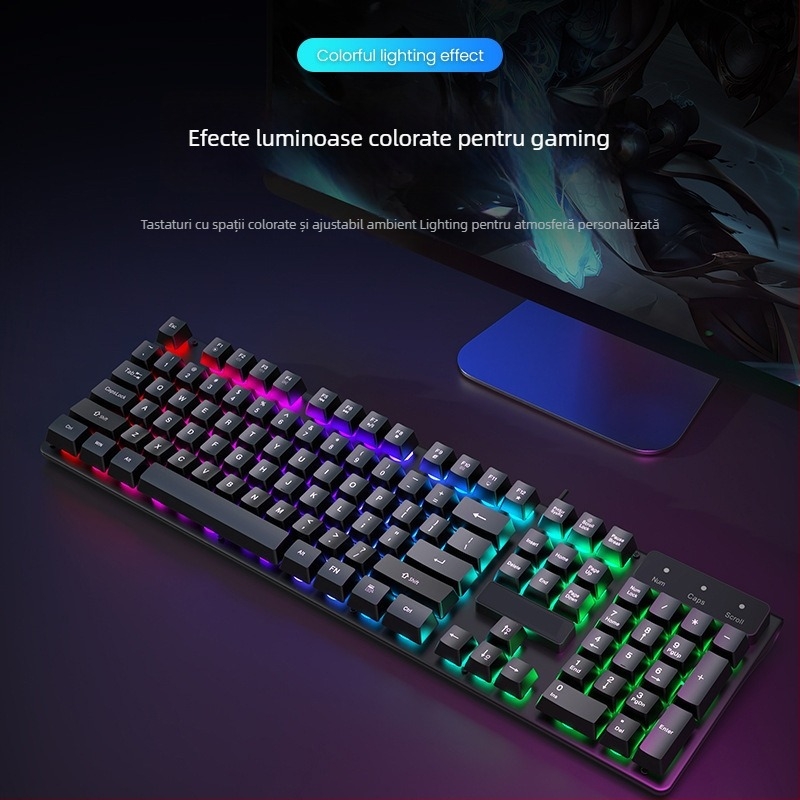 Kit tastatură și mouse cablat cu senzație mecanică, iluminare de fundal, funcționare silențioasă, pentru desktop și laptop – birou și gaming Esports