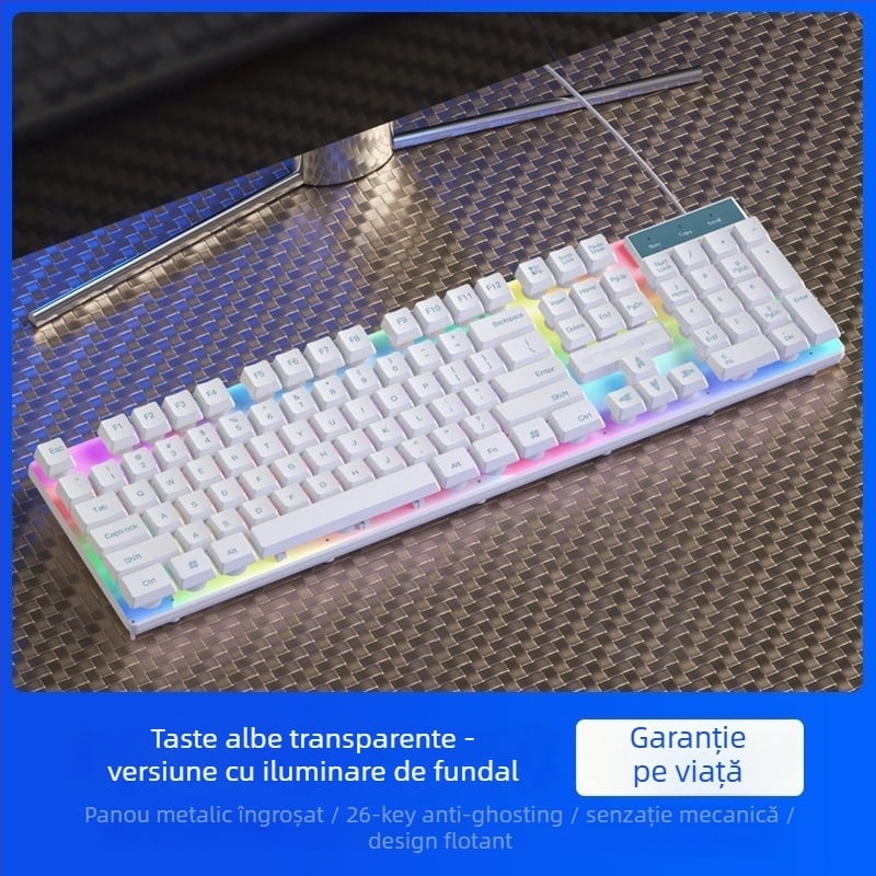 Kit tastatură și mouse cablat cu senzație mecanică, iluminare de fundal, funcționare silențioasă, pentru desktop și laptop – birou și gaming Esports