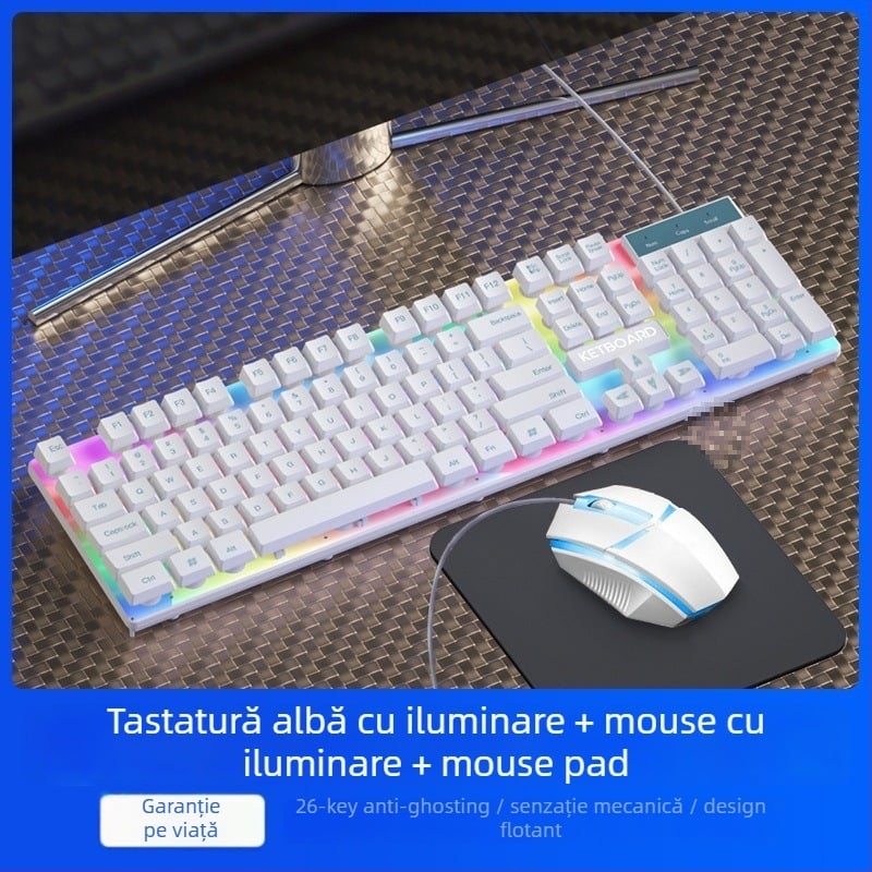 Kit tastatură și mouse cablat cu senzație mecanică, iluminare de fundal, funcționare silențioasă, pentru desktop și laptop – birou și gaming Esports