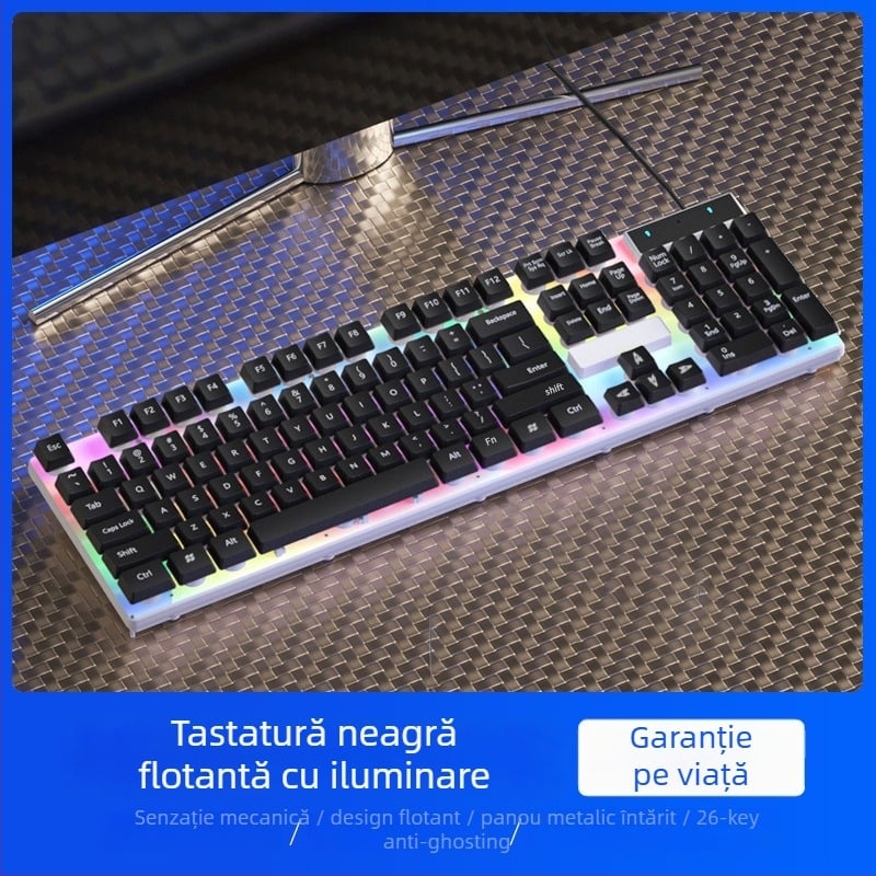 Kit tastatură și mouse cablat cu senzație mecanică, iluminare de fundal, funcționare silențioasă, pentru desktop și laptop – birou și gaming Esports