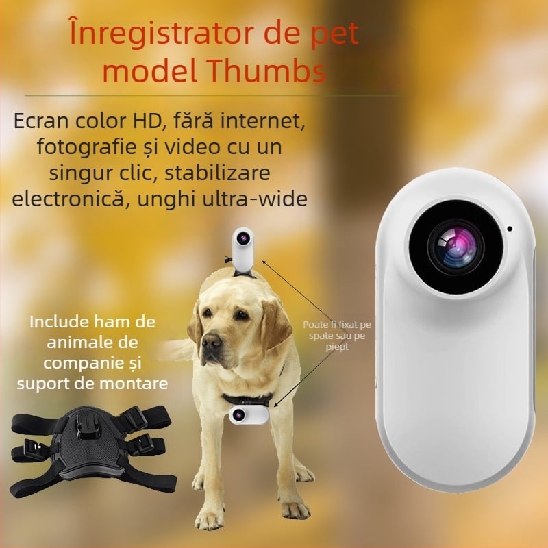 Camera de acțiune pentru pisici și câini, video în perspectivă, sunet, modul vlog, montură la gât/piept, sistem de operare inteligent