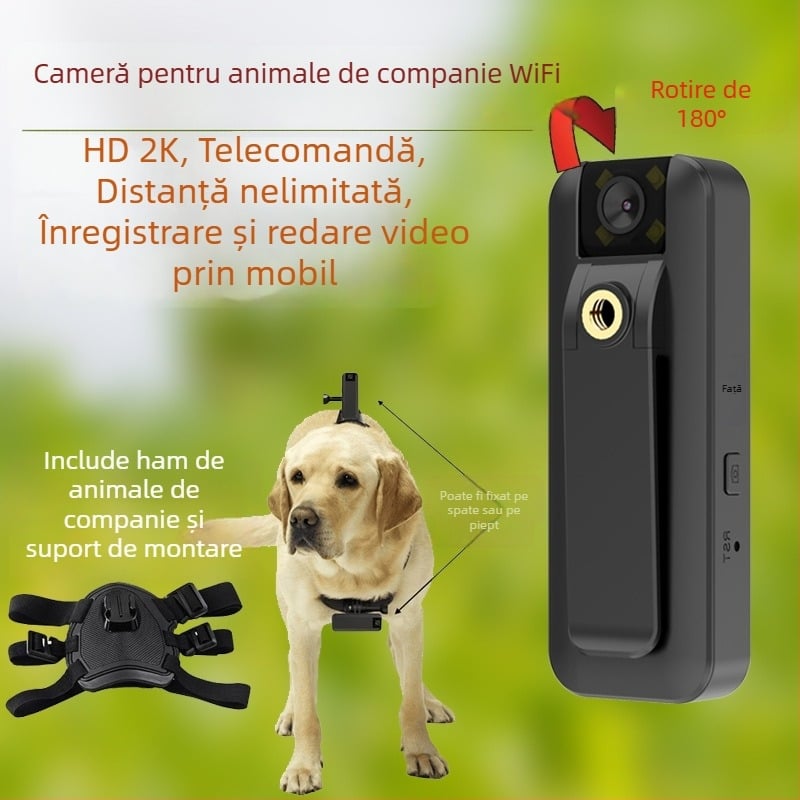 Camera de acțiune pentru pisici și câini, video în perspectivă, sunet, modul vlog, montură la gât/piept, sistem de operare inteligent