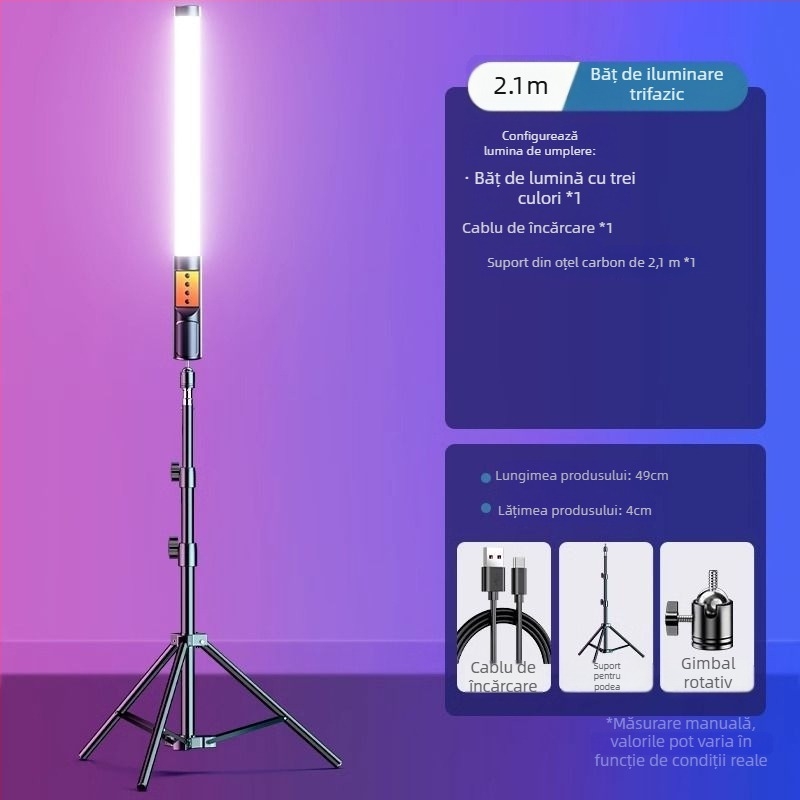Băț de iluminat RGB pentru fotografie și video, iluminare de umplere portabilă pentru interior, 3 temperaturi de culoare, sub 10W, Huibei