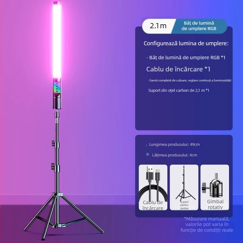 Băț de iluminat RGB pentru fotografie și video, iluminare de umplere portabilă pentru interior, 3 temperaturi de culoare, sub 10W, Huibei