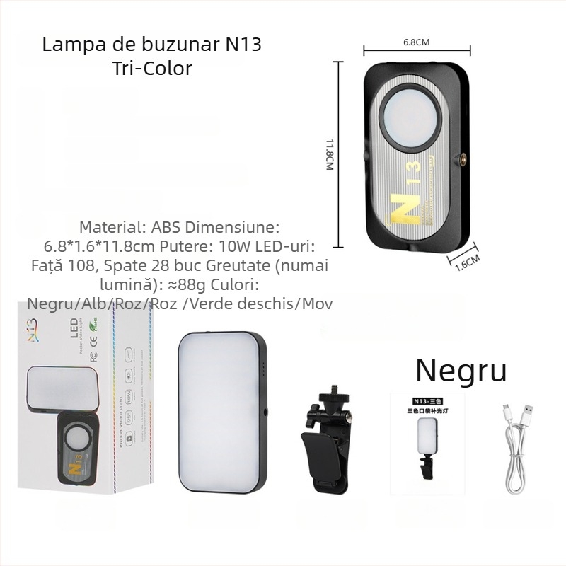 Lumină de umplere mini pentru fotografie, streaming live și selfie, YOLANS N13, 10–50W, trei temperaturi de culoare