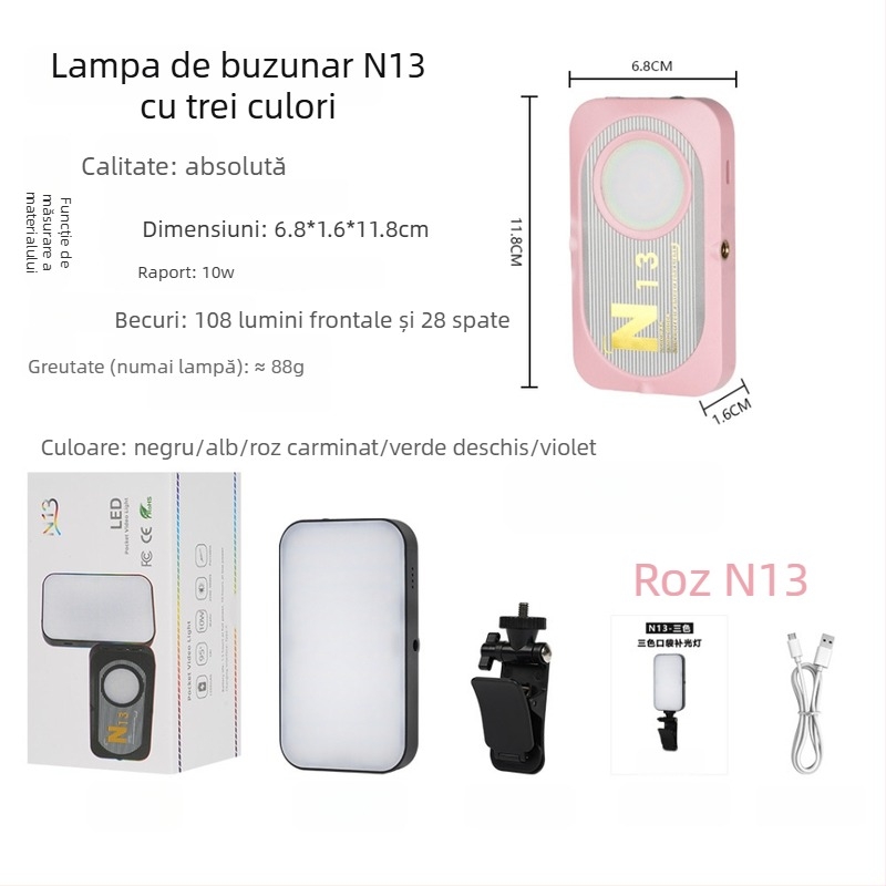 Lumină de umplere mini pentru fotografie, streaming live și selfie, YOLANS N13, 10–50W, trei temperaturi de culoare