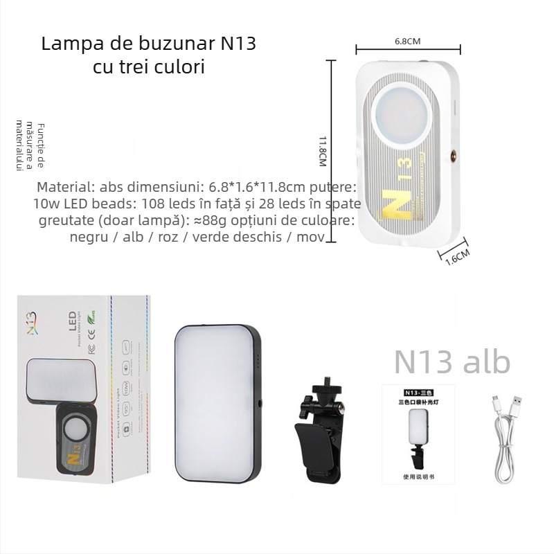 Lumină de umplere mini pentru fotografie, streaming live și selfie, YOLANS N13, 10–50W, trei temperaturi de culoare