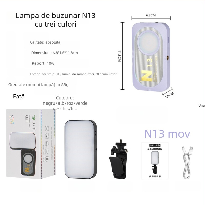 Lumină de umplere mini pentru fotografie, streaming live și selfie, YOLANS N13, 10–50W, trei temperaturi de culoare