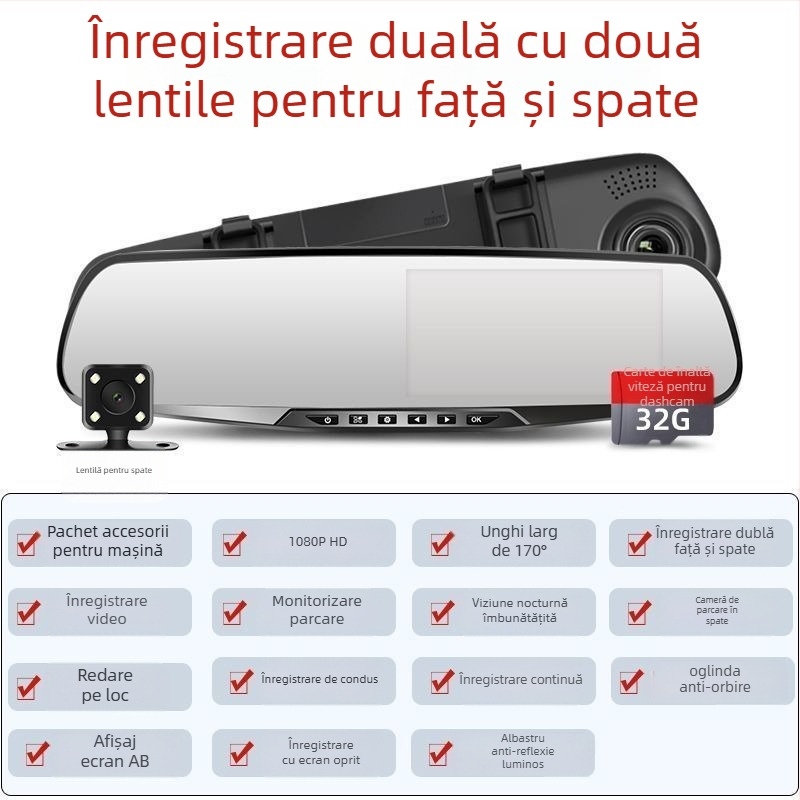 Camera auto fără fir, cu obiective duale, înregistrare 1080p, 5MP, toate într-unul pentru imaginea de parcare