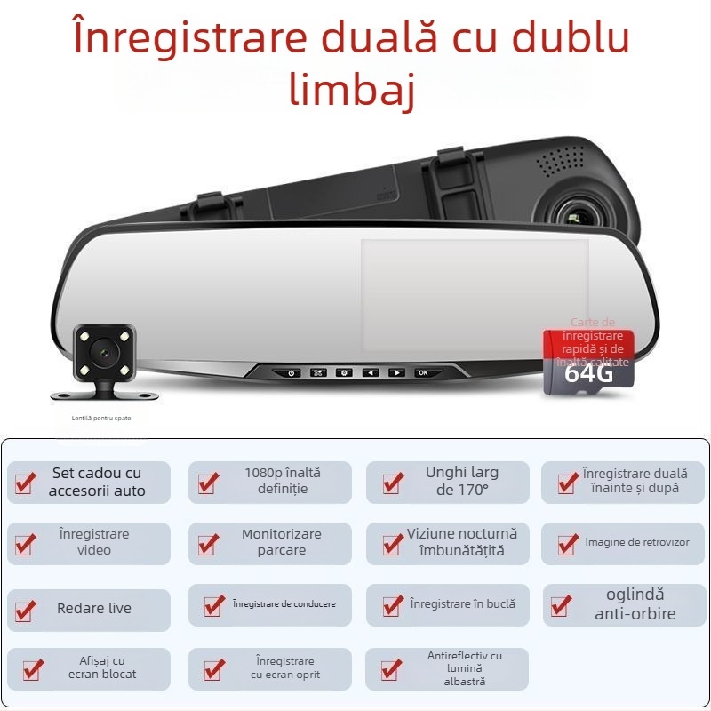 Camera auto fără fir, cu obiective duale, înregistrare 1080p, 5MP, toate într-unul pentru imaginea de parcare