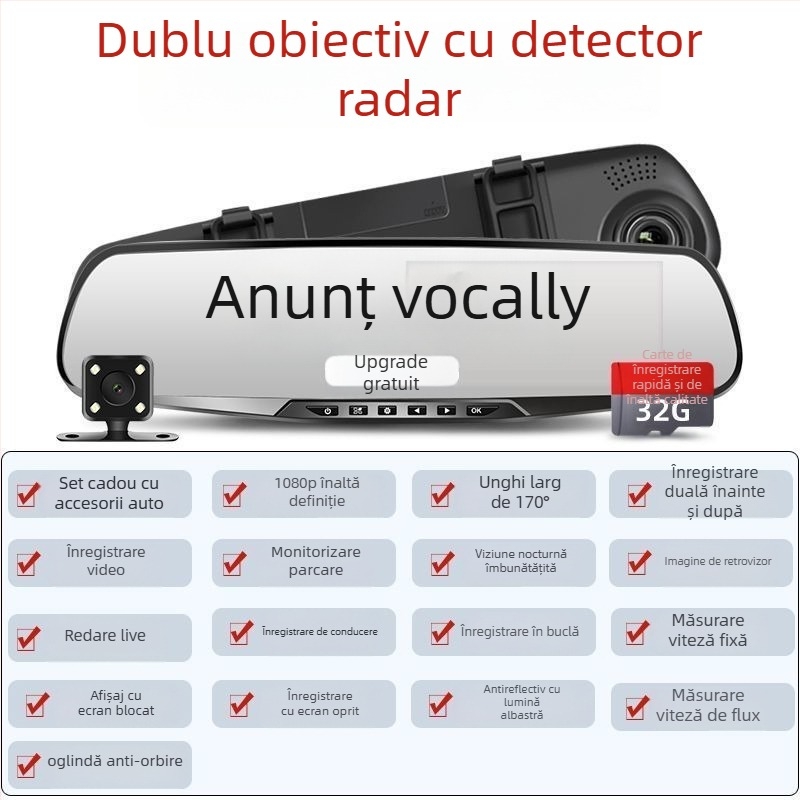 Camera auto fără fir, cu obiective duale, înregistrare 1080p, 5MP, toate într-unul pentru imaginea de parcare