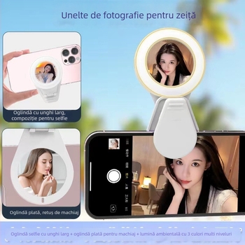 Oglindă de machiaj cu iluminare pentru streaming mobil – portabil, 3 în 1: oglindă de machiaj, lampă de înfrumusețare și oglindă unghi larg, model K60, DC5V, sub 10W