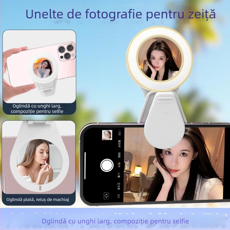 Oglindă de machiaj cu iluminare pentru streaming mobil – portabil, 3 în 1: oglindă de machiaj, lampă de înfrumusețare și oglindă unghi larg, model K60, DC5V, sub 10W