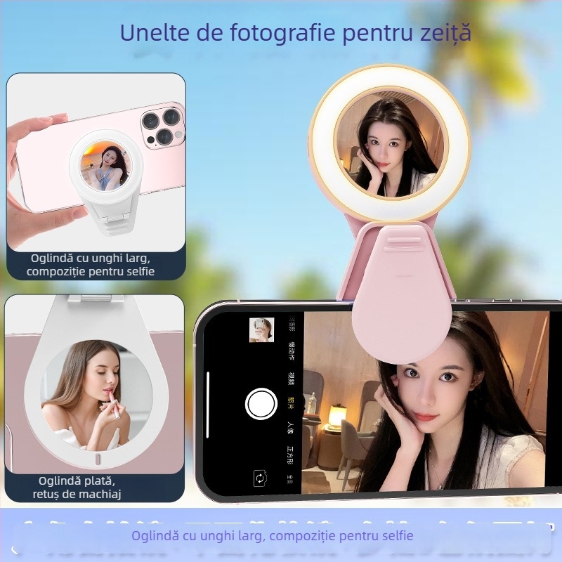 Oglindă de machiaj cu iluminare pentru streaming mobil – portabil, 3 în 1: oglindă de machiaj, lampă de înfrumusețare și oglindă unghi larg, model K60, DC5V, sub 10W