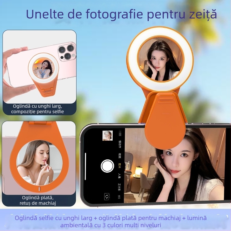 Oglindă de machiaj cu iluminare pentru streaming mobil – portabil, 3 în 1: oglindă de machiaj, lampă de înfrumusețare și oglindă unghi larg, model K60, DC5V, sub 10W