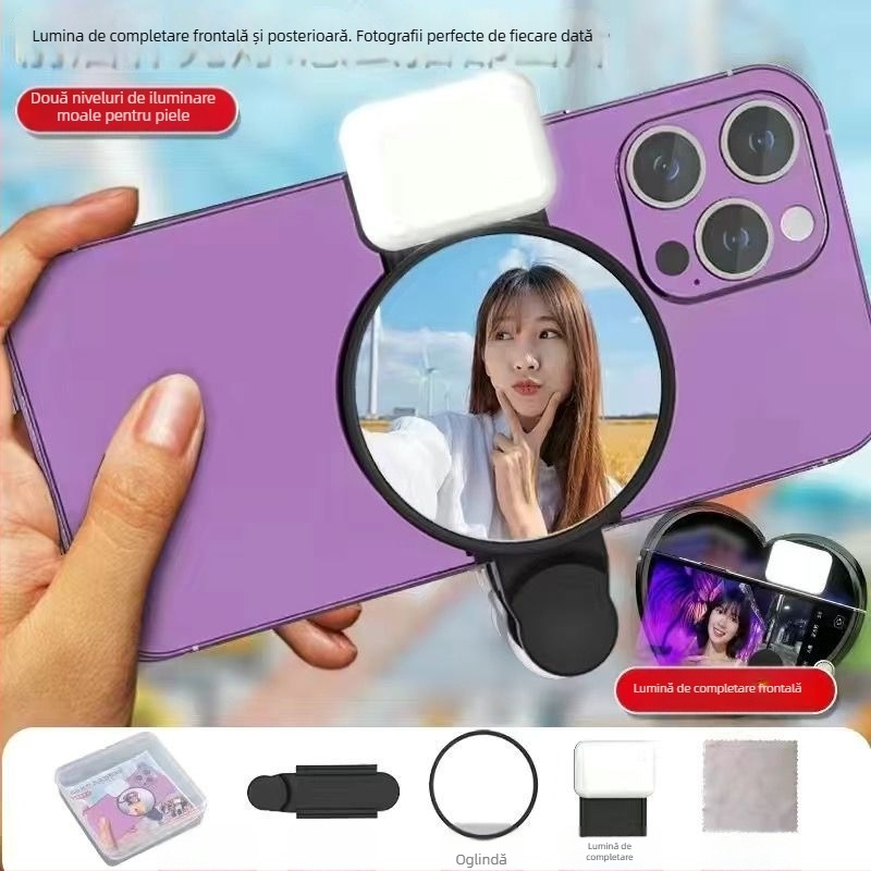 Oglindă de machiaj cu iluminare pentru streaming mobil – portabil, 3 în 1: oglindă de machiaj, lampă de înfrumusețare și oglindă unghi larg, model K60, DC5V, sub 10W