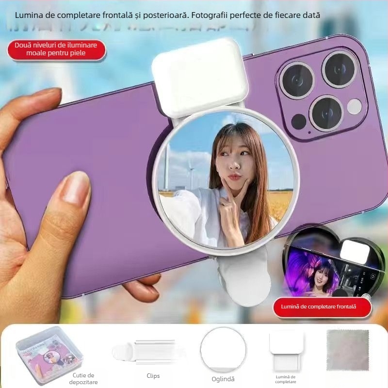 Oglindă de machiaj cu iluminare pentru streaming mobil – portabil, 3 în 1: oglindă de machiaj, lampă de înfrumusețare și oglindă unghi larg, model K60, DC5V, sub 10W