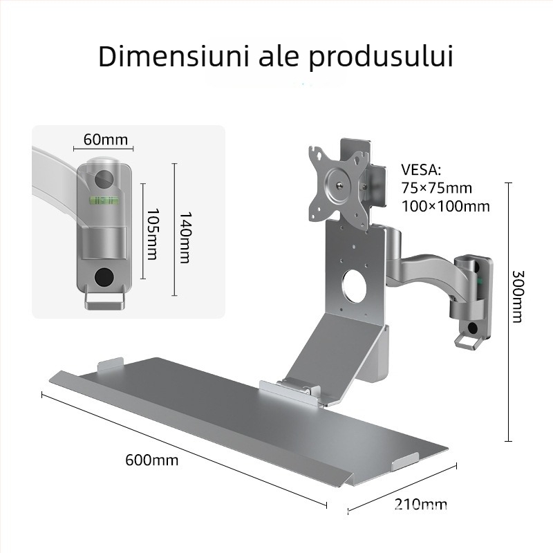 Bewiser suport monitor cu montare pe perete – pliabil, din aliaj de aluminiu, suport pentru mouse și tastatură