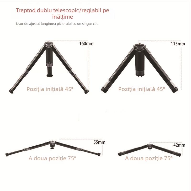 ST100 trepied de birou din aliaj de aluminiu, reglaj telescopic în două etape, înălțime 11.5–30 cm, capacitate de încărcare până la 2 kg