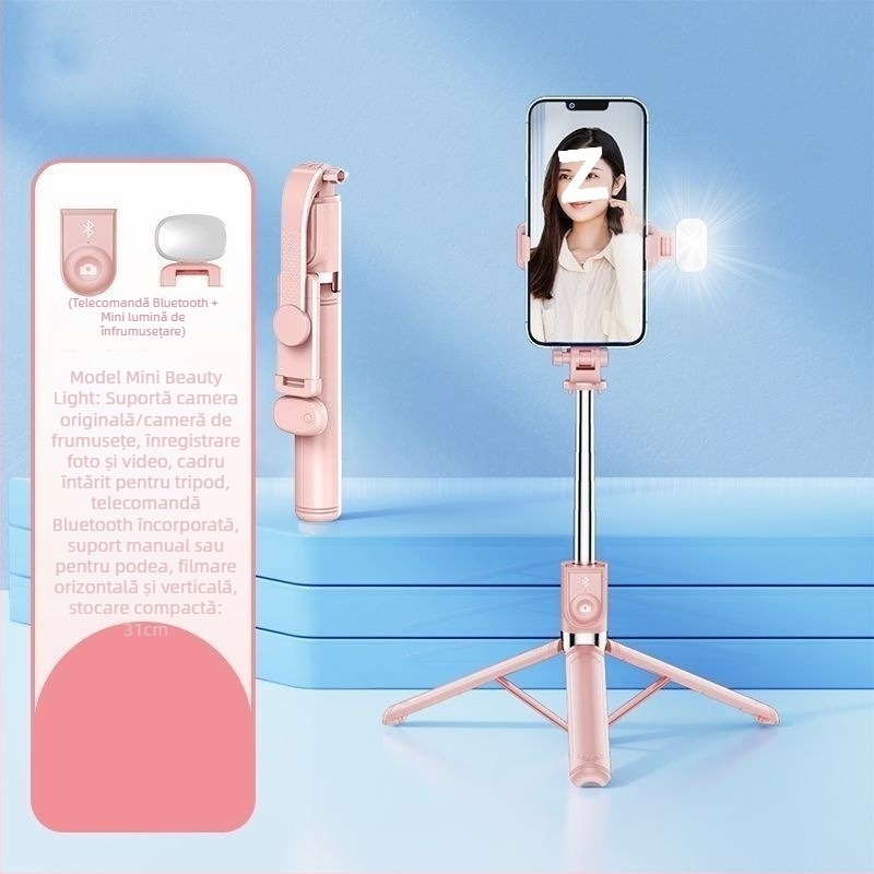 Tripod selfie 3-în-1 cu construcție metalică și suport pentru telefon, pentru filmare video și fotografie de călătorie