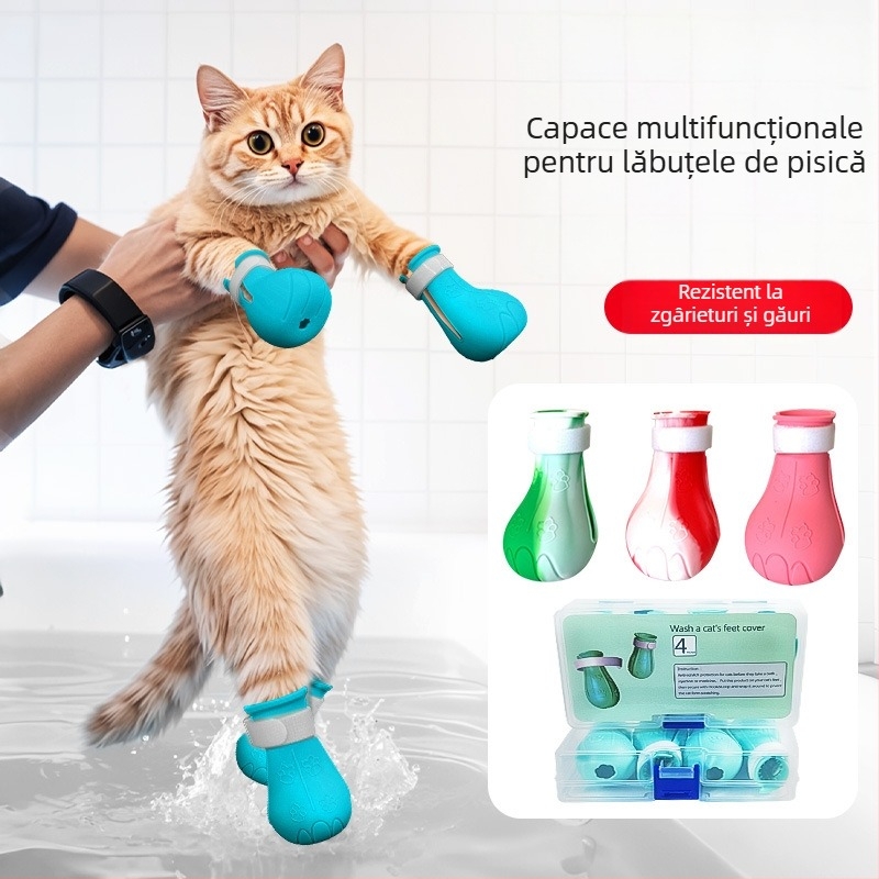 Pantofi pentru laba pisicii la baie – cauciuc moale, anti-zgâriere, pentru administrarea medicamentelor