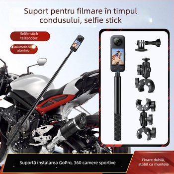 Sistem de montaj pentru motocicletă pentru camere de acțiune | Aliaj de aluminiu + ABS, clemă puternică | Compatibil Insta360 și GoPro