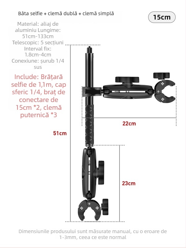 Sistem de montaj pentru motocicletă pentru camere de acțiune | Aliaj de aluminiu + ABS, clemă puternică | Compatibil Insta360 și GoPro