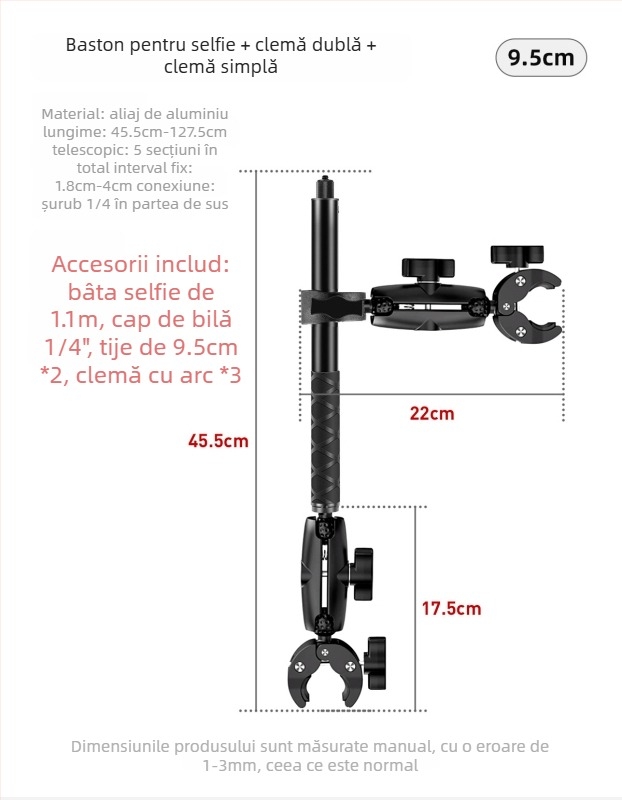 Sistem de montaj pentru motocicletă pentru camere de acțiune | Aliaj de aluminiu + ABS, clemă puternică | Compatibil Insta360 și GoPro