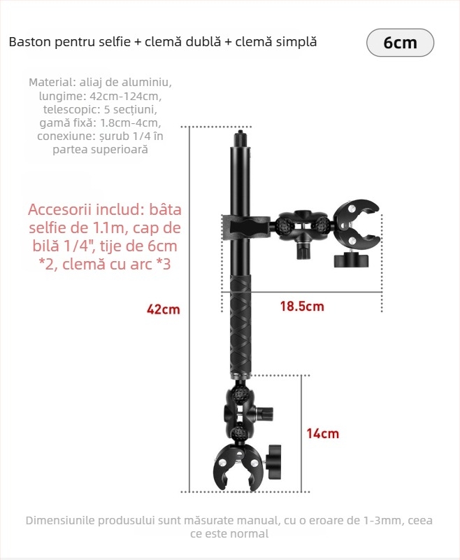 Sistem de montaj pentru motocicletă pentru camere de acțiune | Aliaj de aluminiu + ABS, clemă puternică | Compatibil Insta360 și GoPro