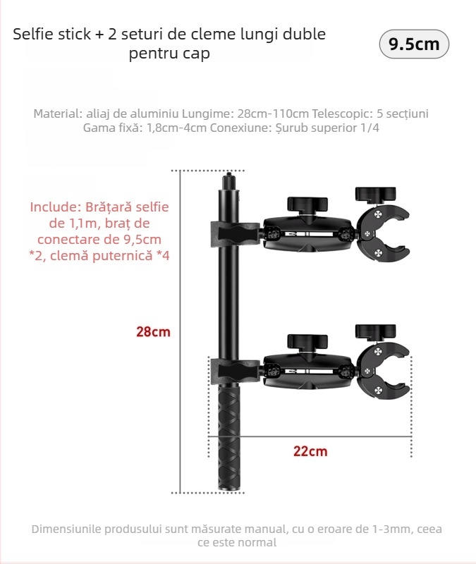 Sistem de montaj pentru motocicletă pentru camere de acțiune | Aliaj de aluminiu + ABS, clemă puternică | Compatibil Insta360 și GoPro