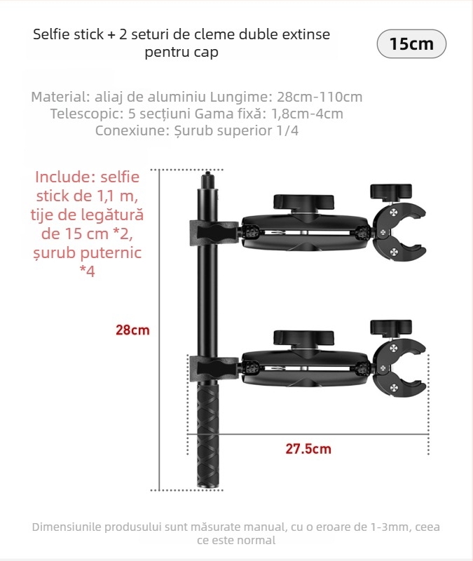 Sistem de montaj pentru motocicletă pentru camere de acțiune | Aliaj de aluminiu + ABS, clemă puternică | Compatibil Insta360 și GoPro