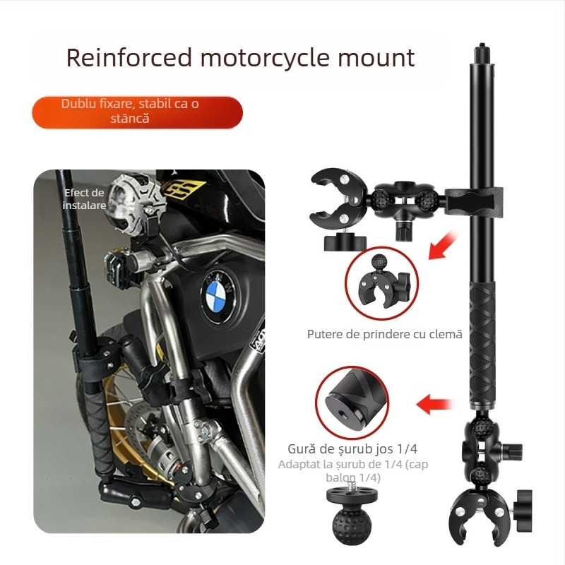 Sistem de montaj pentru motocicletă pentru camere de acțiune | Aliaj de aluminiu + ABS, clemă puternică | Compatibil Insta360 și GoPro
