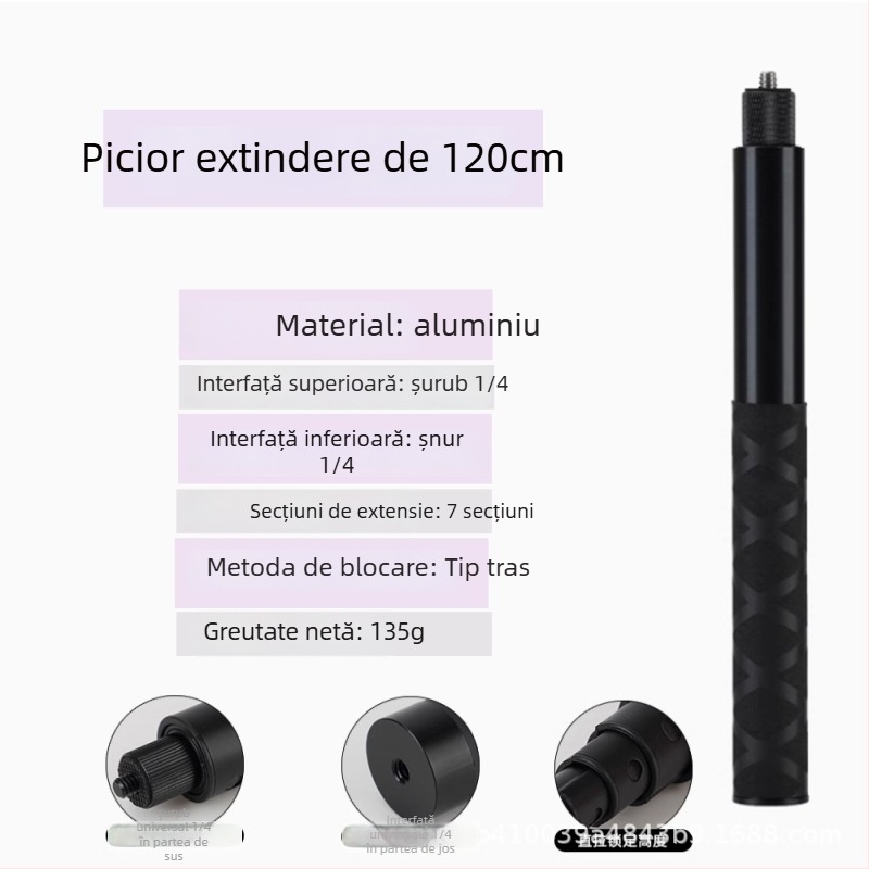Baston pentru selfie din aluminiu, compatibil Insta360 X3/X4/X5, 4 secțiuni, sarcină maximă 2–5 kg, model Straight pull 1230