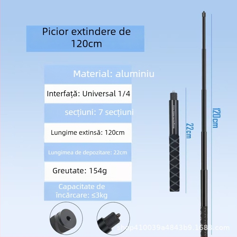 Baston pentru selfie din aluminiu, compatibil Insta360 X3/X4/X5, 4 secțiuni, sarcină maximă 2–5 kg, model Straight pull 1230