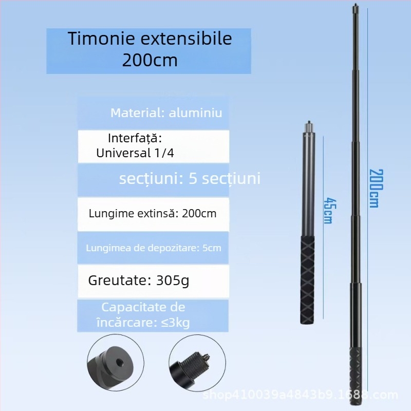 Baston pentru selfie din aluminiu, compatibil Insta360 X3/X4/X5, 4 secțiuni, sarcină maximă 2–5 kg, model Straight pull 1230