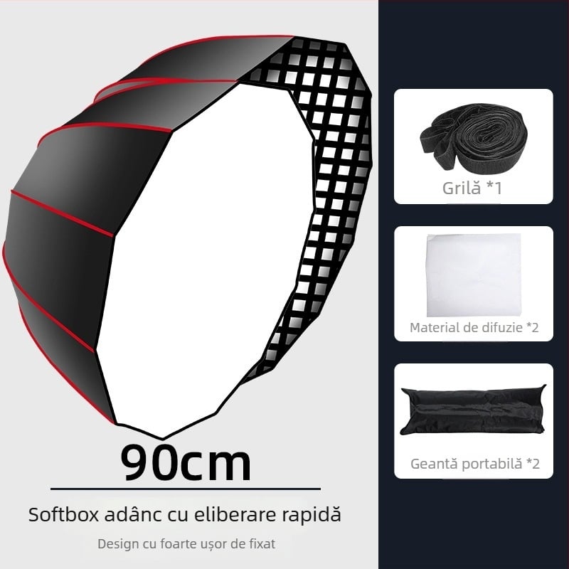 Softbox parabolic adânc cu grilă pentru fotografie profesională – cadru metalic, pânză reflectorizantă, poliester