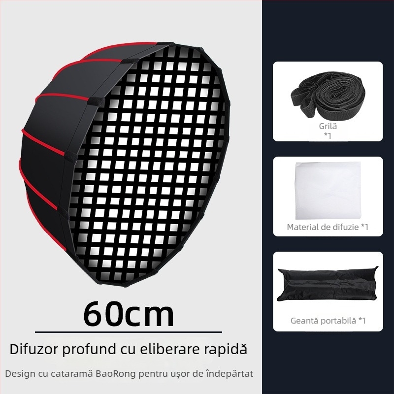 Softbox parabolic adânc cu grilă pentru fotografie profesională – cadru metalic, pânză reflectorizantă, poliester
