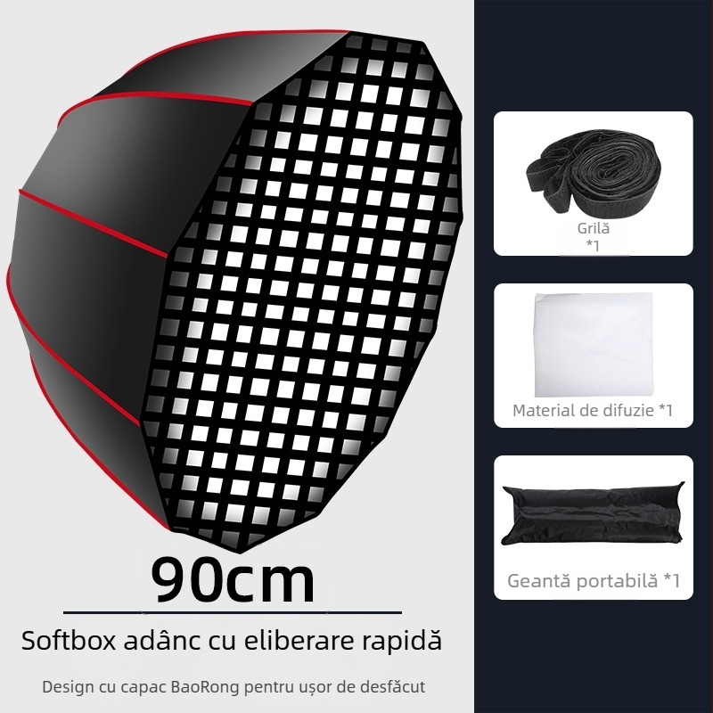 Softbox parabolic adânc cu grilă pentru fotografie profesională – cadru metalic, pânză reflectorizantă, poliester