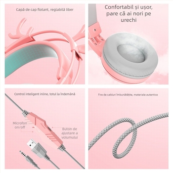 Headset de gaming pentru PC, design cu urechi de pisică și de cerb, iluminare RGB, difuzoare de 50 mm, conector 3,5 mm, cablu împletit de 2 m, microfon