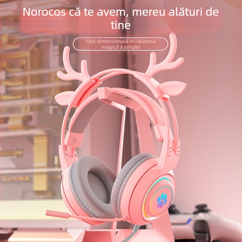 Headset de gaming pentru PC, design cu urechi de pisică și de cerb, iluminare RGB, difuzoare de 50 mm, conector 3,5 mm, cablu împletit de 2 m, microfon
