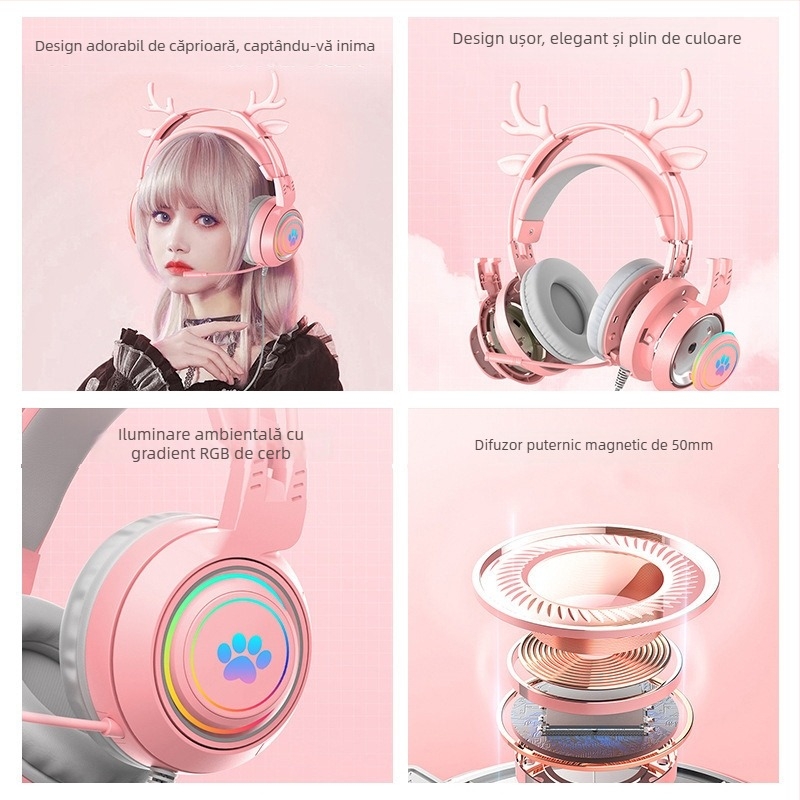 Headset de gaming pentru PC, design cu urechi de pisică și de cerb, iluminare RGB, difuzoare de 50 mm, conector 3,5 mm, cablu împletit de 2 m, microfon