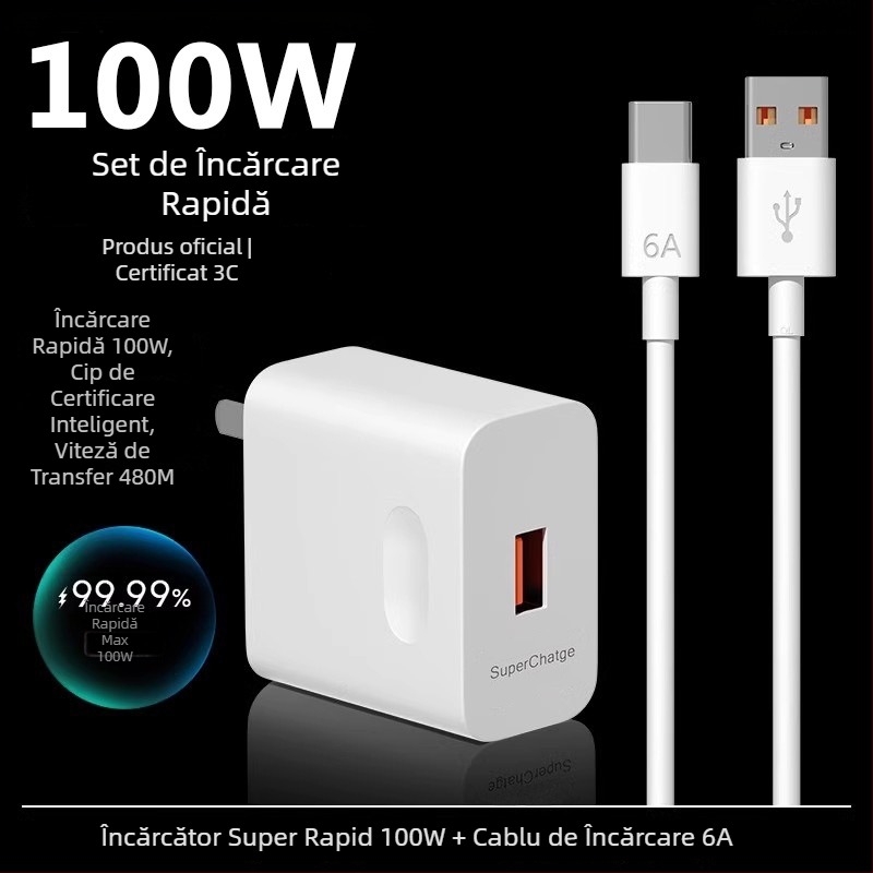 Încărcător rapid de 120W pentru Huawei, Honor, Oppo și dispozitive Android — QC 4.0, ieșire 120W, compatibil universal